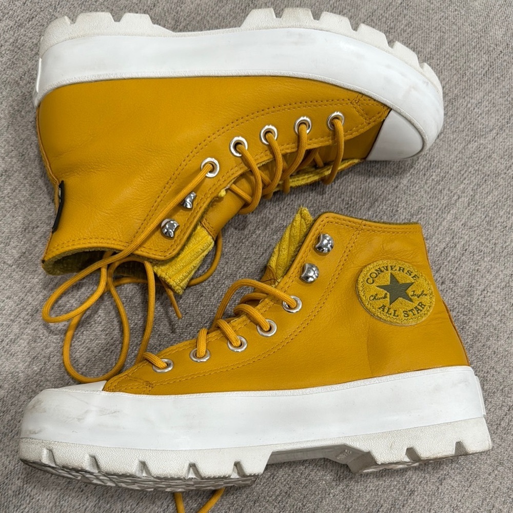 Converse Mustard Yellow Leather Gore-Tex  High-Top  Platform Sneakers Chucks